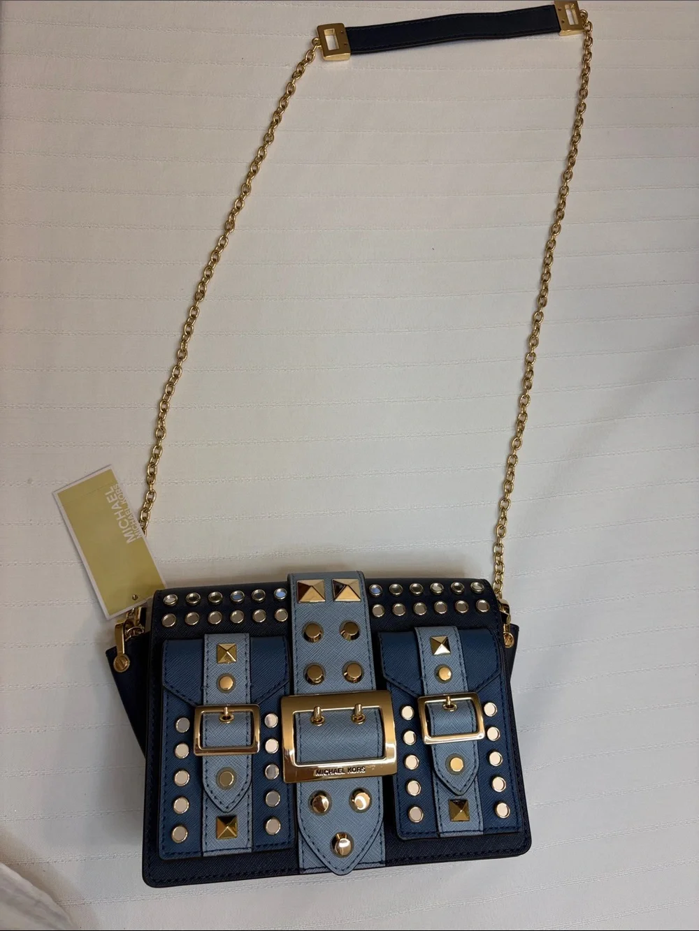 Michael Kors Navy and Light Blue Studded Shoulder Bag with Gold Chain
